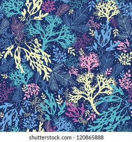 Vector underwater seaweed seamless pattern background with hand drawn elements.