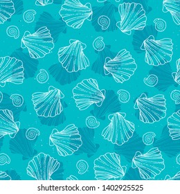Vector underwater shell seamless hand drawn pattern. Trendy modern flat seashells in random composition on blue background. Concept of under water sea. Design for textile, wrapping, print, fabric.