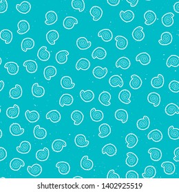 Vector underwater shell seamless pattern. Cute flat outline seashells in random composition isolated on blue background. Concept of under water sea. Design for textile, wrapping, print, fabric.