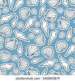 Vector underwater shell seamless pattern. Two layers of handdrawn seashells random placed on top and small in rows on background. Nautical tile design for textile, wrapping, print, fabric, backdrop.