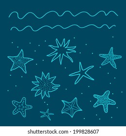 Vector underwater starfish set. Marine life pattern. Happy and fun summer, travel card. Sea and ocean waves, relaxation and dive. Navy water world background.