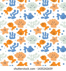 Vector Underwater world. Doodle seamless background with fish, seashells, starfish, underwater plants. Kawaii characters. Bright color. On white background.