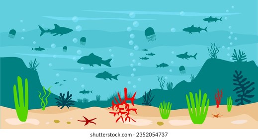 Mundo subacuático de vectores con peces y plantas