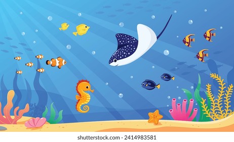 Vector underwater world, sea life, sea ocean animals. Seabed with marine habitat and algae - cartoon underwater landscape with fish, livestock, seaweed and coral on the ocean or aquarium floor. 