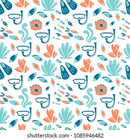 Vector underwater world seamless pattern. Hand drawn elements fishes,starfish, coral, mask and fins, seaweed.  Underwater world illustration. Sea life.