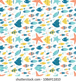 Vector underwater world seamless pattern. Hand drawn elements fishes, starfish.  Underwater world illustration. Sea life.