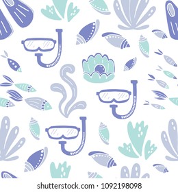 Vector underwater world seamless pattern. Hand drawn elements fishes,starfish, coral, mask and fins, seaweed.  Underwater world illustration. Sea life.