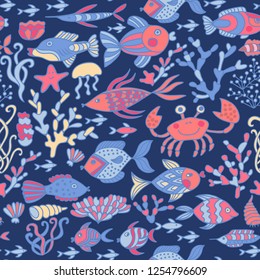 Vector underwater world seamless pattern. Hand drawn elements fishes, starfish, jellyfish, seaweed. Underwater world illustration. Sea life.