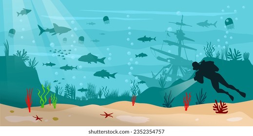 Vector underwater world - shipwreck on the seabed with diver