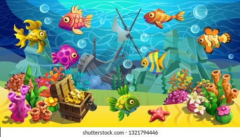 Vector underwater world with a treasure chest and a sunken ship. Fairytale fishes among the algae and stones.