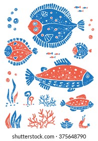 Vector underwoter world in lino style. Set of fishes and algae for design and illustration