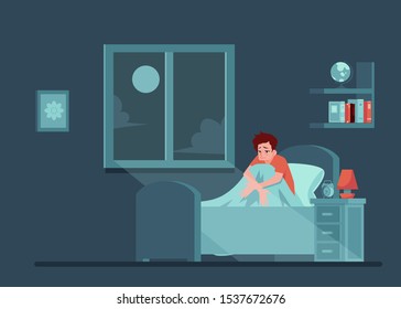 Vector unhappy young man lying in bed with sleep disorder at night. Tired male character with insomnia. Exhausted guy with sleepnessness in bed sitting holding knees.