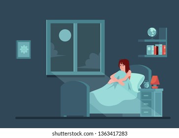 Vector unhappy young woman at bed with sleep disorder at night. Tired female character with insomnia. Exhausted girl with sleepnessness in bed sitting holding knees.