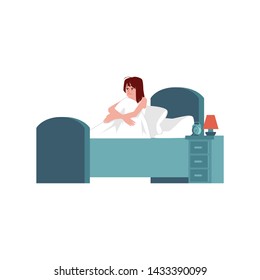 Vector unhappy young woman lying in bed with sleep disorder. Tired female character with insomnia. Exhausted girl with sleepnessness in bed sitting holding knees.