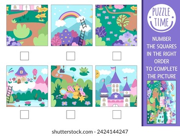 Vector unicorn activity. Fairytale complete the picture logic game with fantasy country landscape. Fun printable worksheet for kids. Find right piece of the puzzle. Number squares in the right order
