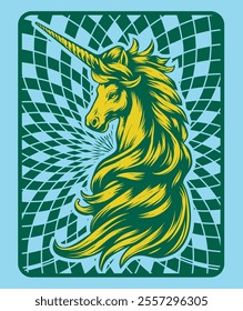 
Vector unicorn with big mane and optical background