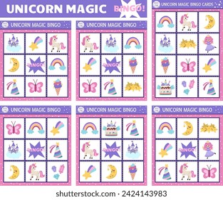 Juego de tarjetas de bingo vector unicorn. Juego de mesa de la lotería familiar divertida con un lindo hada, castillo, arcoiris para los niños. Lotería de cuento de hadas. Magia simple o una hoja de cálculo imprimible educativa de fantasía
