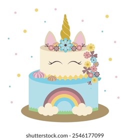 Pastel de unicornio de Vector sobre fondo blanco. Tarta de cumpleaños de Festiva con malvavisco y arco iris de nata.