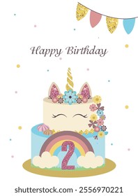 Vector unicorn cake on white background. Holiday  birthday cake with marshmallow  and rainbow made of cream.Two year anniversary. Vector birthday cake.  Birthday card for  2 year old girl.