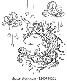 Vector  unicorn cartoon, black silhouette.  