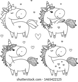 Vector  unicorn cartoons, black silhouette for coloring.  