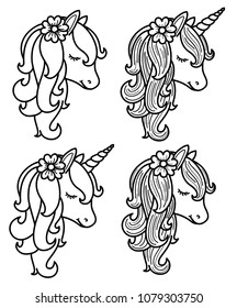 Vector unicorn cartoons, black silhouettes isolated on white.