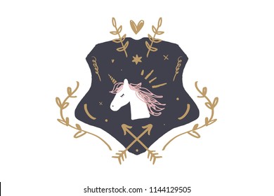 Vector. Unicorn coat of arms, unique print for posters, cards, clothes, invitations, baby goods.