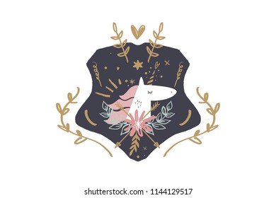 Vector. Unicorn coat of arms, unique print for posters, cards, clothes, invitations, baby goods.