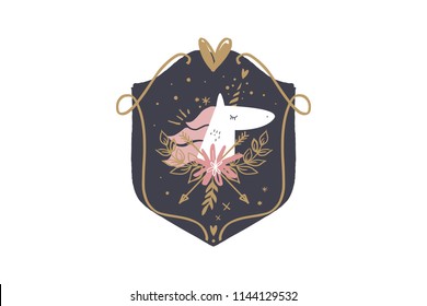 Vector. Unicorn coat of arms, unique print for posters, cards, clothes, invitations, baby goods.