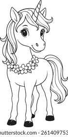 vector unicorn coloring page, line art for kids. Cute simple unicorn with flowers