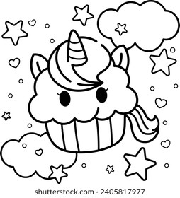 vector unicorn cupcake coloring book illustration