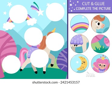 Vector unicorn cut and glue activity. Fairytale crafting game with cute fairy, magic forest landscape. Fill up the scene with round sticker. Find the right piece of puzzle. Complete the picture
