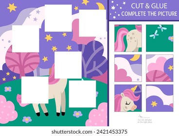 Vector unicorn cut and glue activity. Fairytale crafting game with cute animal, magic forest landscape. Fill up the scene with square sticker. Find the right piece of puzzle. Complete the picture
