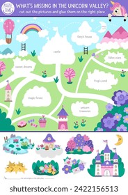 Vector unicorn cut and glue activity. Crafting game with cute magic village landscape map. Fairytale printable worksheet for children. Find the right piece of the puzzle. Complete the picture
