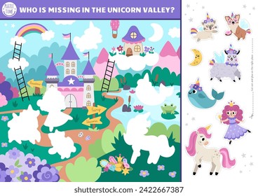 Vector unicorn cut and glue activity. Crafting game with cute magic village landscape and characters. Fairytale printable worksheet. Find the right piece of the puzzle. Complete the picture
