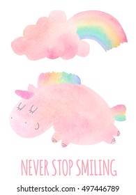 Vector unicorn. Cute pink watercolor unicorn and cloud, rainbow. Set of watercolor objects with unicorn isolated on white background for your design: textile, fabric, postcard, invitation, unicorn.