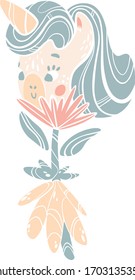 Vektorillustration Einhorn. Feine Porträttiere.
Design für Kinder.Märchenhafte Figur mit Blumen.