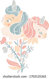 Vector unicorn. Cute portrait animals.
Design for children.Fairy tale character with flowers.