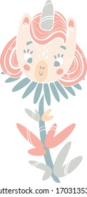 Vector unicornio. Animales retratos cortos.
Diseño para niños.Carácter de cuento de hadas con flores.