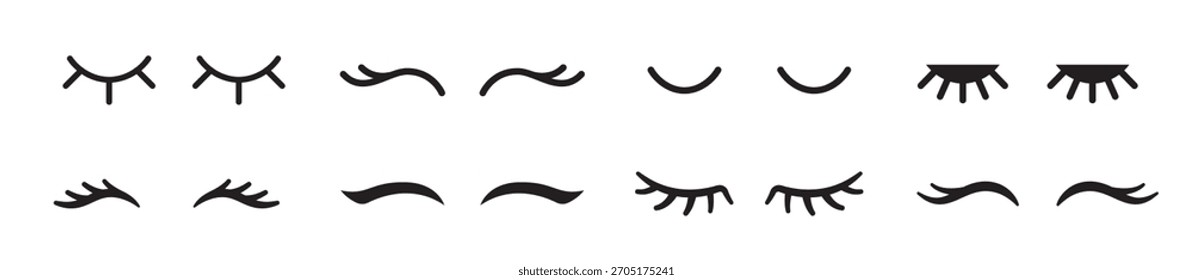 Cílios de unicórnio vetorial. Olhos fechados. Conjunto de ícones. Ilustração de vetor de design bonito