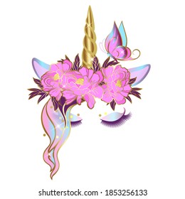 Vector unicorn face with closed eyes and wreath of pink peony flowers. Golden horn with glitter, butterfly.