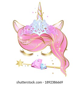 Vector unicorn face with closed eyes and wreath of pink flowers with sparkles. Unicorn golden horn with tiara.