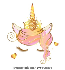 Vector unicorn face with closed eyes and wreath of pink flowers with sparkles. Unicorn golden horn with tiara.