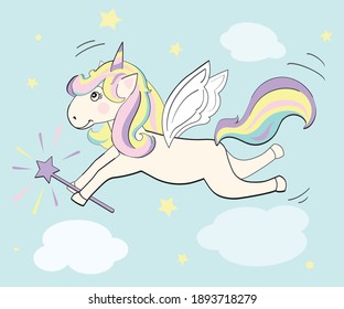 vector unicorn flying in the clouds. A unicorn with a magic wand and wings.