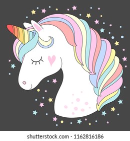 Vector unicorn head. Cute white unicorn with rainbow hair and stars. Print for t-shirts,  fashion kids, baby shower and bags