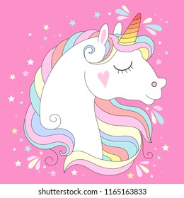 Vector unicorn head. Cute white unicorn with rainbow hair and stars. Print for t-shirts,  fashion kids, baby shower and bags