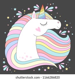Vector unicorn head. Cute white unicorn with rainbow hair and stars. Print for t-shirts,  fashion kids, baby shower and bags