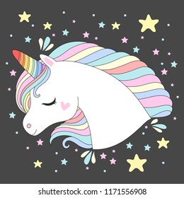 Vector unicorn head. Cute white unicorn with rainbow hair and stars. Print for t-shirts,  fashion kids, baby shower and bags