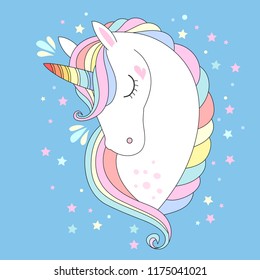 Vector unicorn head. Cute white unicorn with rainbow hair and stars. Print for t-shirts,  fashion kids, baby shower and bags