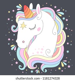 Vector unicorn head. Cute white unicorn with rainbow hair and stars. Print for t-shirts,  fashion kids, baby shower and bags